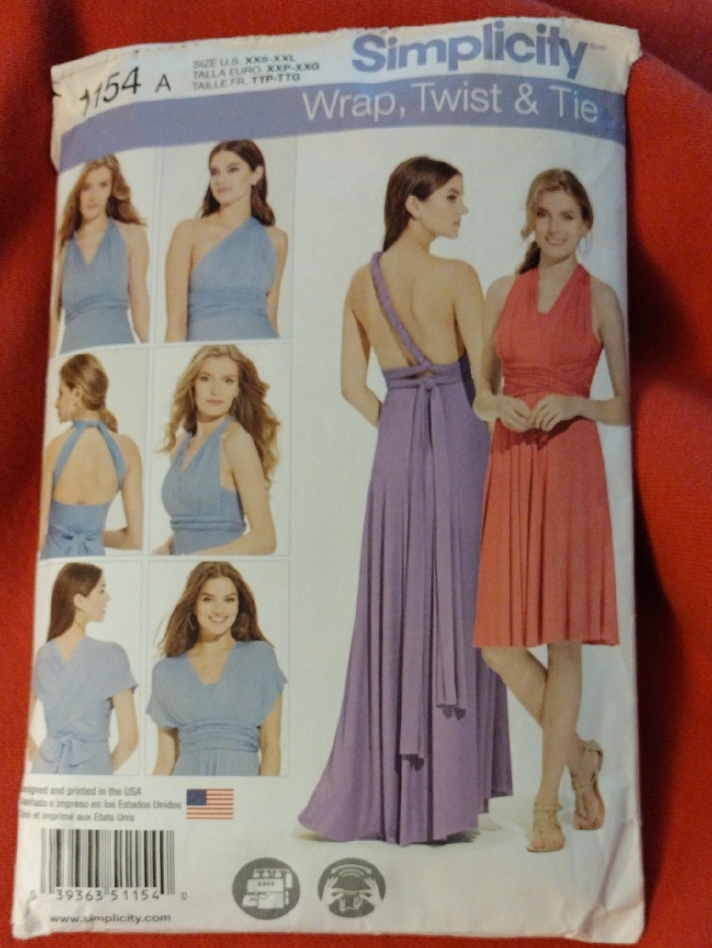 Simplicity Pattern Wrap Twist Tie Size XXS-XXL